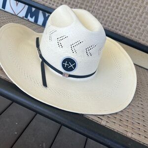 Men's Ivory Straw Western Hat with Black Band and Emblem